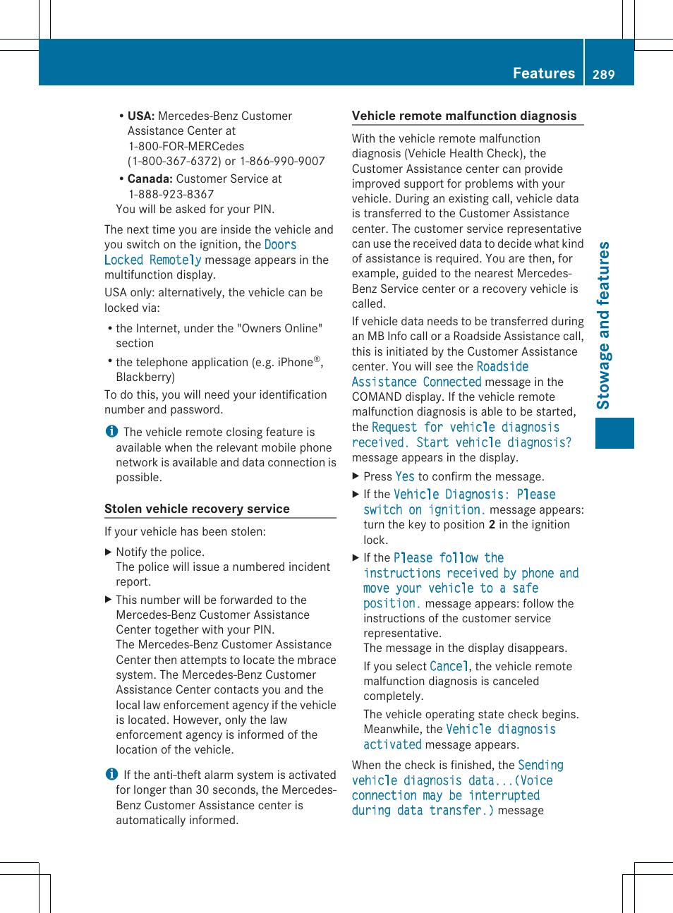 Stowage and features, Features | Mercedes-Benz GLK-Class 2013 Owners Manual User Manual | Page 291 / 378
