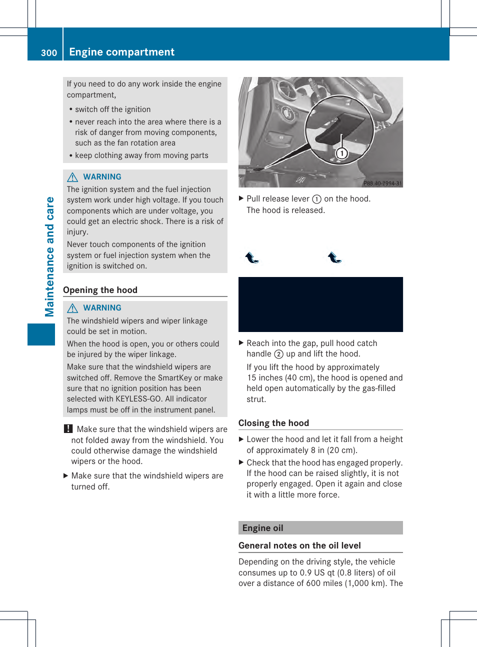 Maint enance and care, Engine compartment | Mercedes-Benz GLK-Class 2013 Owners Manual User Manual | Page 302 / 378
