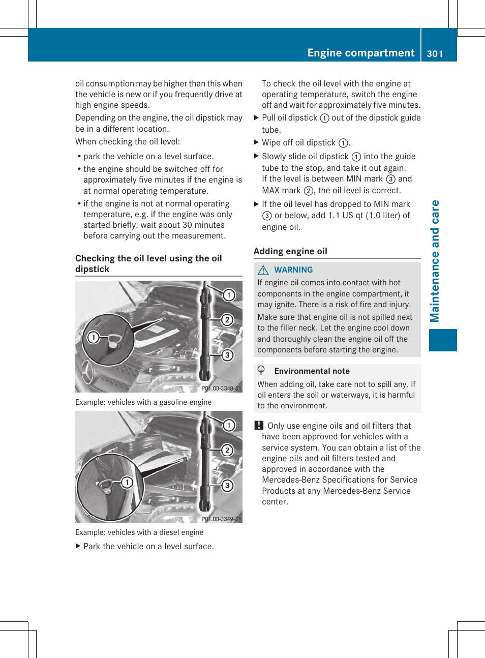 Maintenance and care, Engine compartment | Mercedes-Benz GLK-Class 2013 Owners Manual User Manual | Page 303 / 378