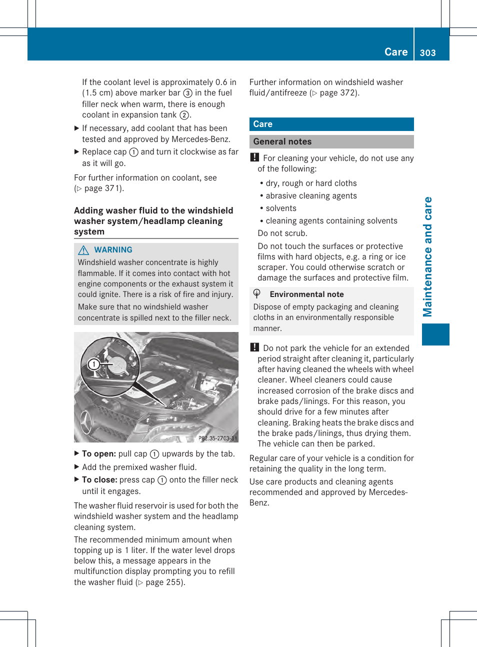 Maintenance and care, Care | Mercedes-Benz GLK-Class 2013 Owners Manual User Manual | Page 305 / 378
