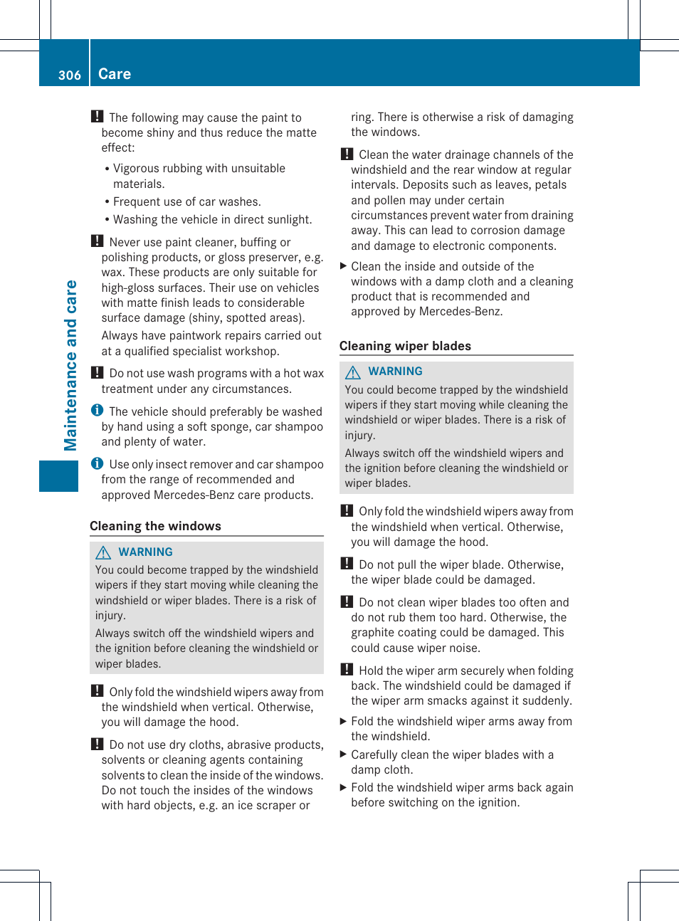 Maintenance and care, Care | Mercedes-Benz GLK-Class 2013 Owners Manual User Manual | Page 308 / 378