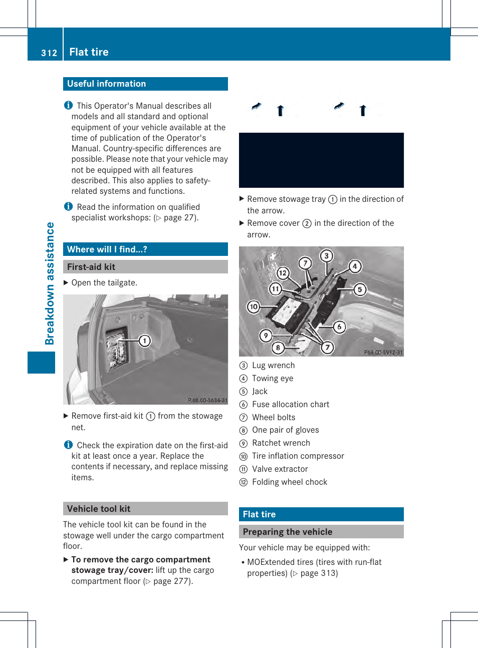 Breakd own assist ance, Flat tire | Mercedes-Benz GLK-Class 2013 Owners Manual User Manual | Page 314 / 378