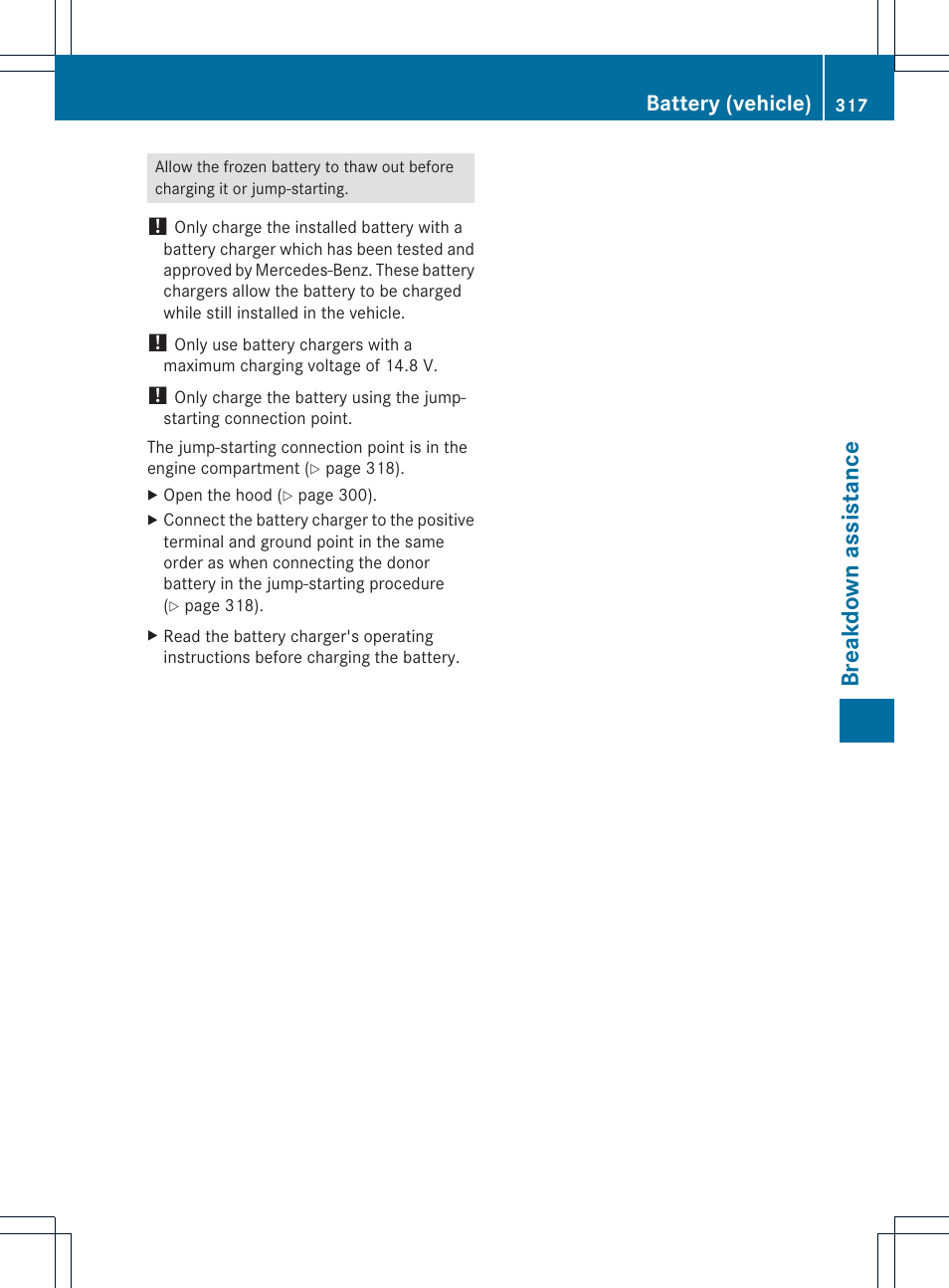Breakdown assistance, Battery (vehicle) | Mercedes-Benz GLK-Class 2013 Owners Manual User Manual | Page 319 / 378