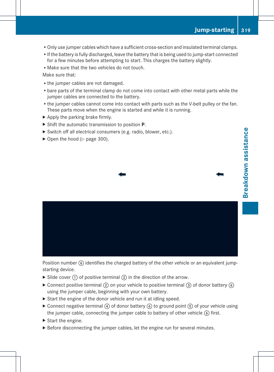 Breakdown assistance, Jump-starting | Mercedes-Benz GLK-Class 2013 Owners Manual User Manual | Page 321 / 378