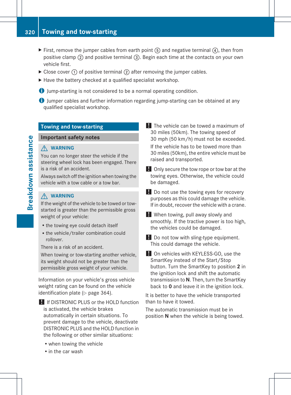 Breakd own assist ance, Towing and tow-starting | Mercedes-Benz GLK-Class 2013 Owners Manual User Manual | Page 322 / 378