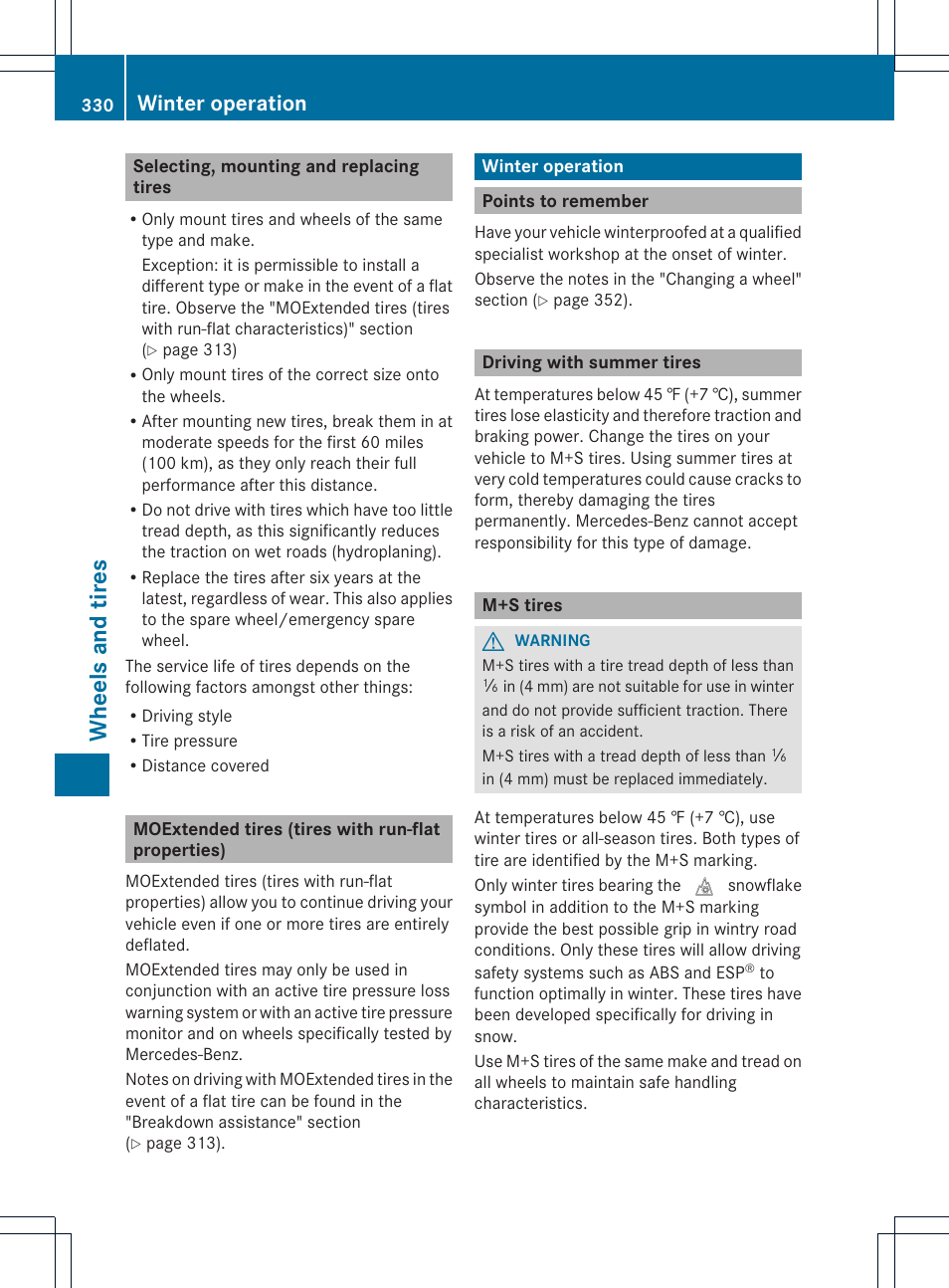 Wheels and tires, Winter operation | Mercedes-Benz GLK-Class 2013 Owners Manual User Manual | Page 332 / 378