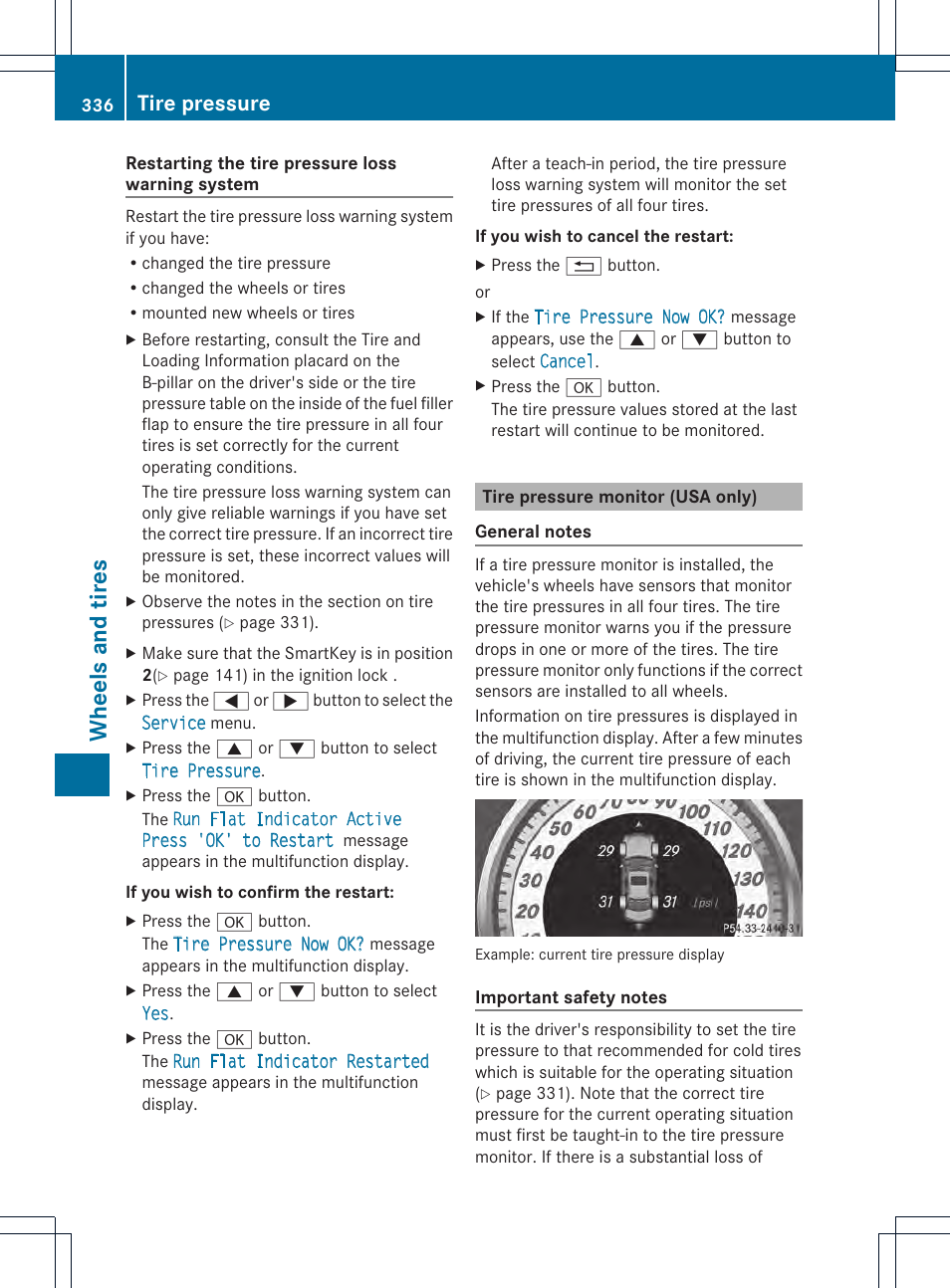 Wheels and tires, Tire pressure | Mercedes-Benz GLK-Class 2013 Owners Manual User Manual | Page 338 / 378