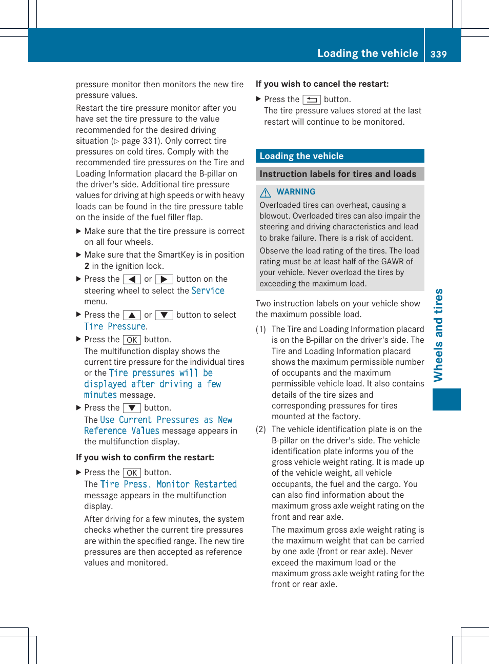Wheels and tires, Loading the vehicle | Mercedes-Benz GLK-Class 2013 Owners Manual User Manual | Page 341 / 378