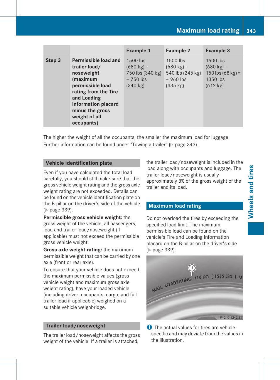 Whee ls and tires, Maximum load rating | Mercedes-Benz GLK-Class 2013 Owners Manual User Manual | Page 345 / 378