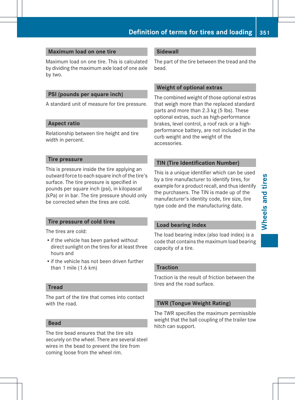 Wheels and tires, Definition of terms for tires and loading | Mercedes-Benz GLK-Class 2013 Owners Manual User Manual | Page 353 / 378
