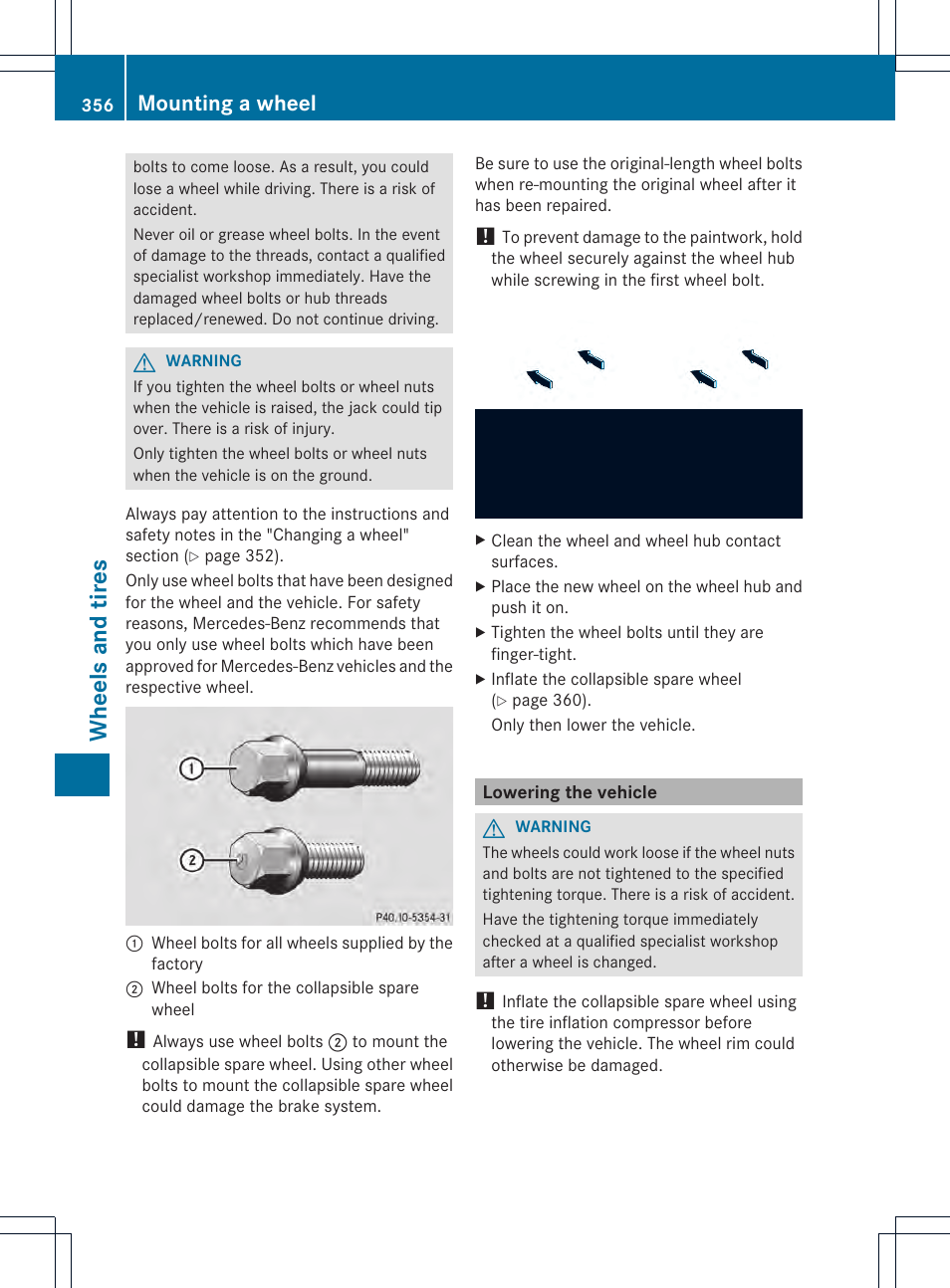 Whee ls and tires, Mounting a wheel | Mercedes-Benz GLK-Class 2013 Owners Manual User Manual | Page 358 / 378