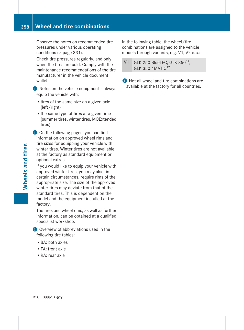 Wheels and tires, Wheel and tire combinations | Mercedes-Benz GLK-Class 2013 Owners Manual User Manual | Page 360 / 378