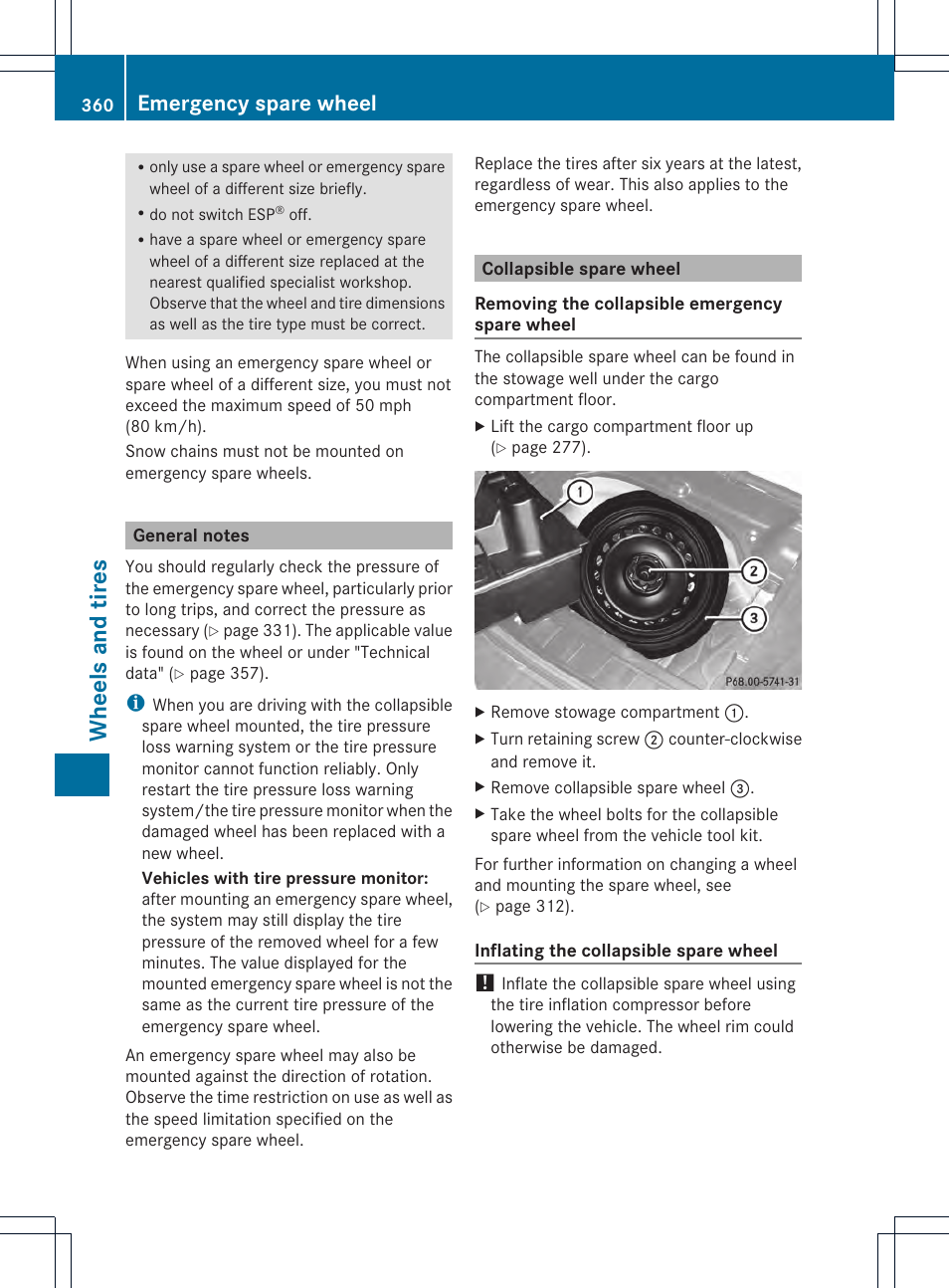 Wheels and tires, Emergency spare wheel | Mercedes-Benz GLK-Class 2013 Owners Manual User Manual | Page 362 / 378
