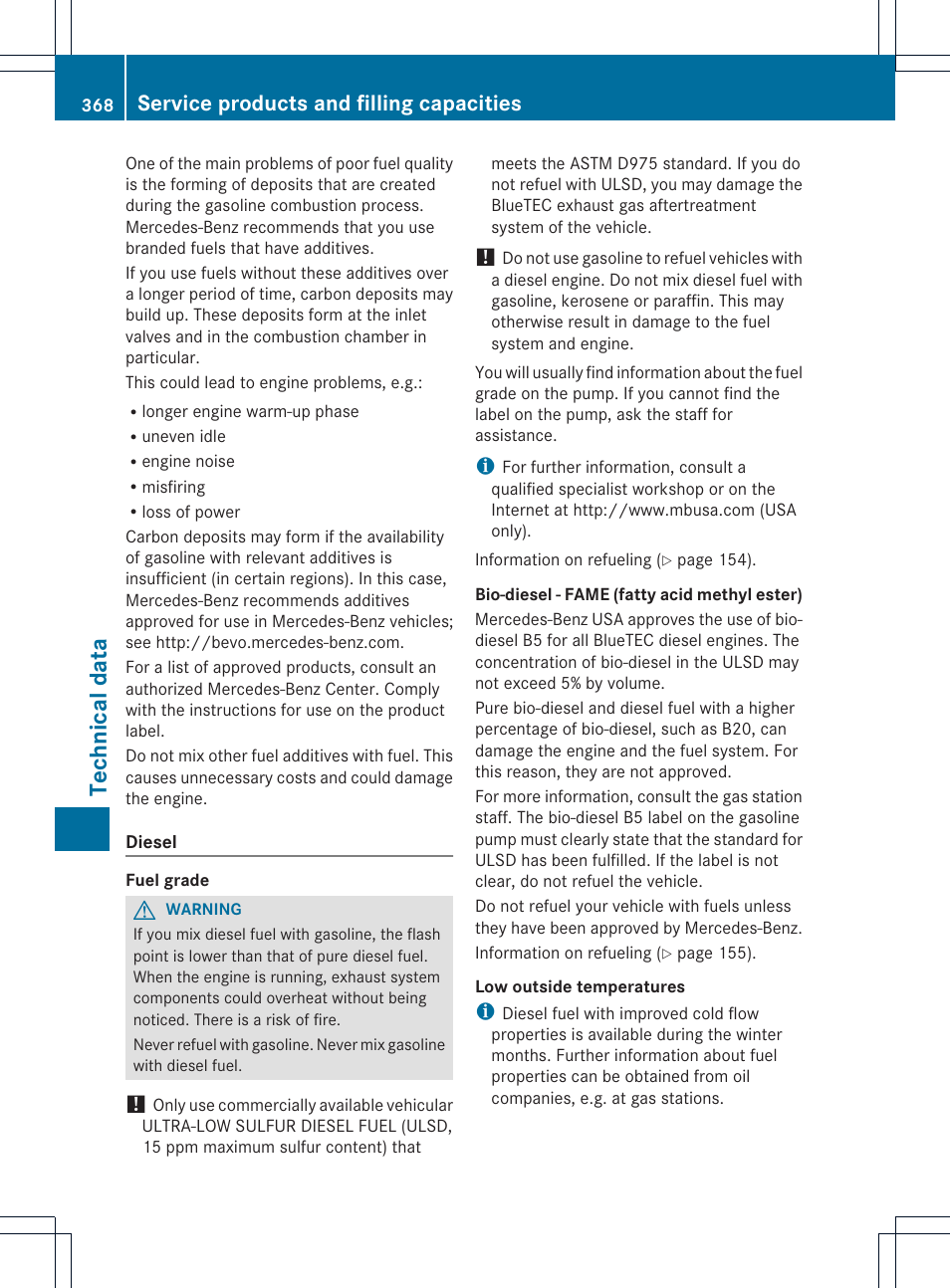 Technical data, Service products and filling capacities | Mercedes-Benz GLK-Class 2013 Owners Manual User Manual | Page 370 / 378