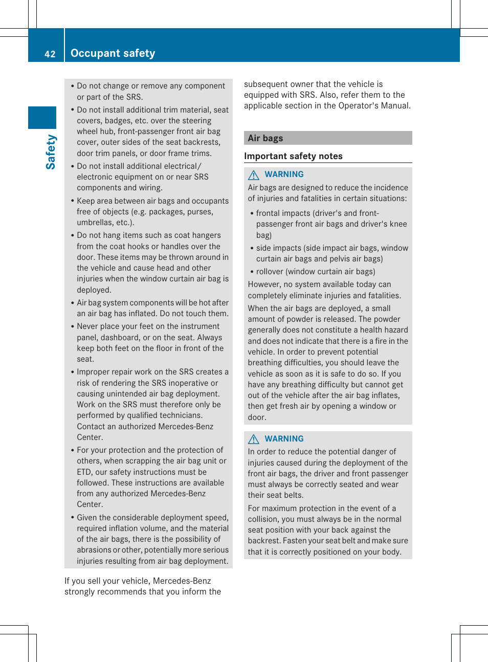 Safety, Occupant safety | Mercedes-Benz GLK-Class 2013 Owners Manual User Manual | Page 44 / 378