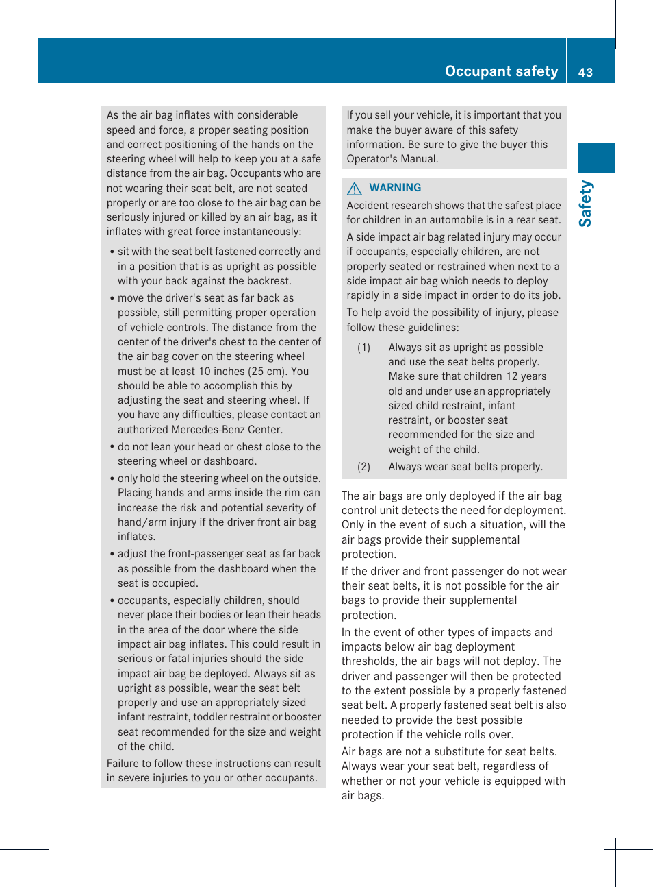 Safety, Occupant safety | Mercedes-Benz GLK-Class 2013 Owners Manual User Manual | Page 45 / 378