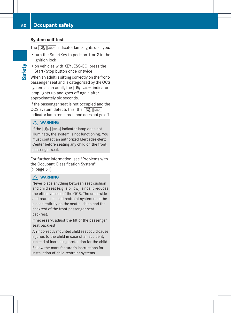 Safet y, Occupant safety | Mercedes-Benz GLK-Class 2013 Owners Manual User Manual | Page 52 / 378