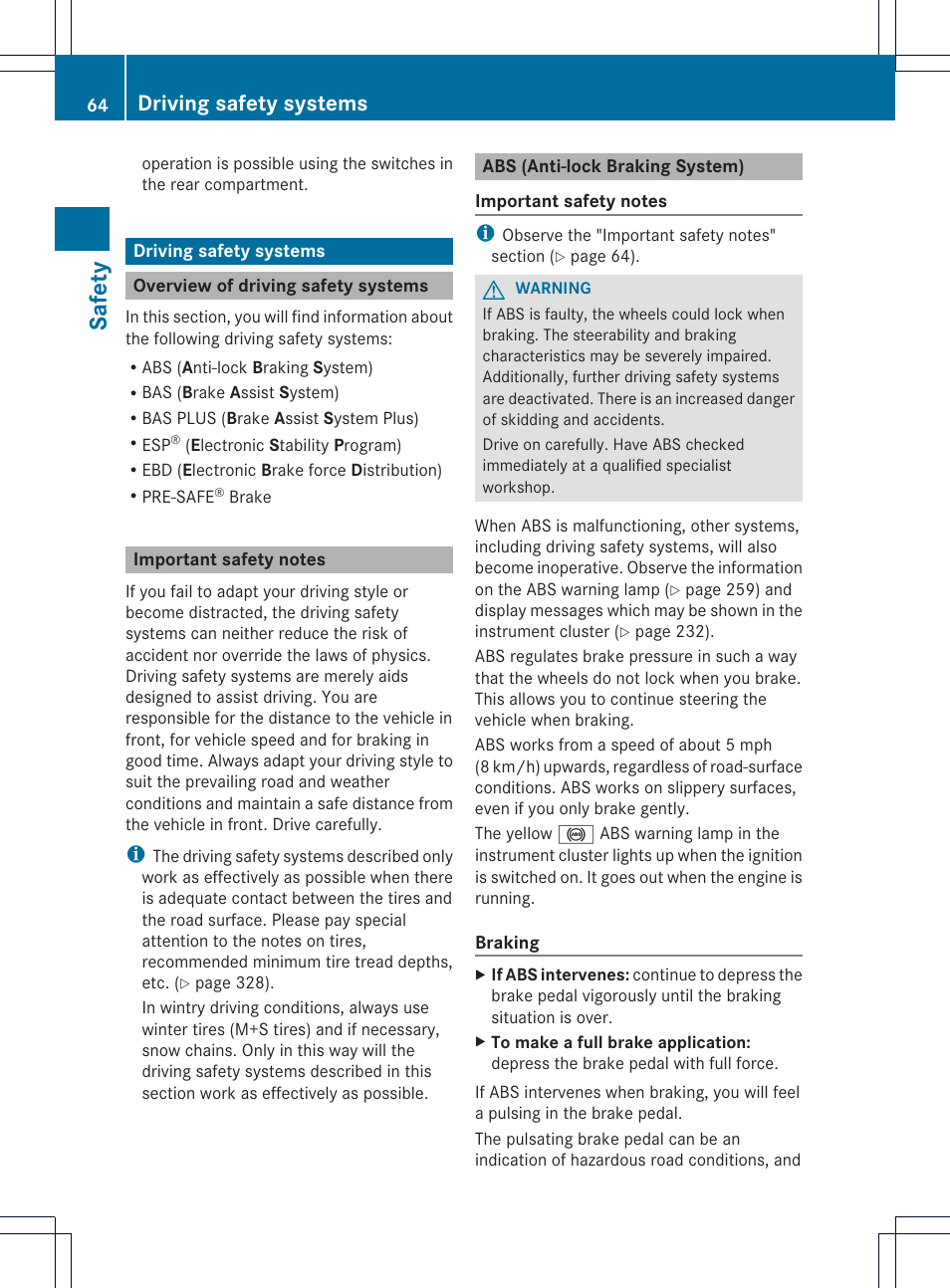 Safety, Driving safety systems | Mercedes-Benz GLK-Class 2013 Owners Manual User Manual | Page 66 / 378