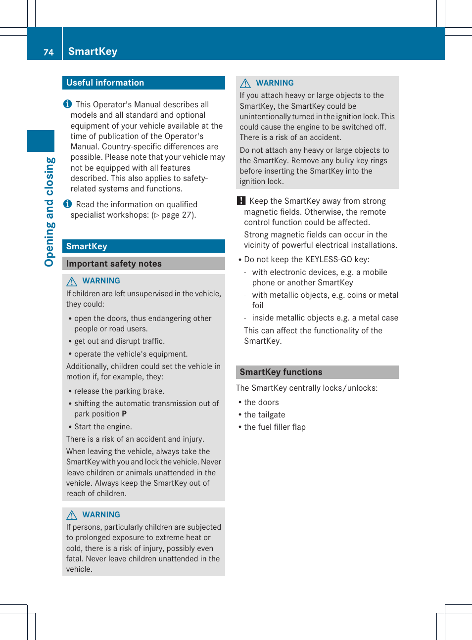 Opening and closing, Smartkey | Mercedes-Benz GLK-Class 2013 Owners Manual User Manual | Page 76 / 378