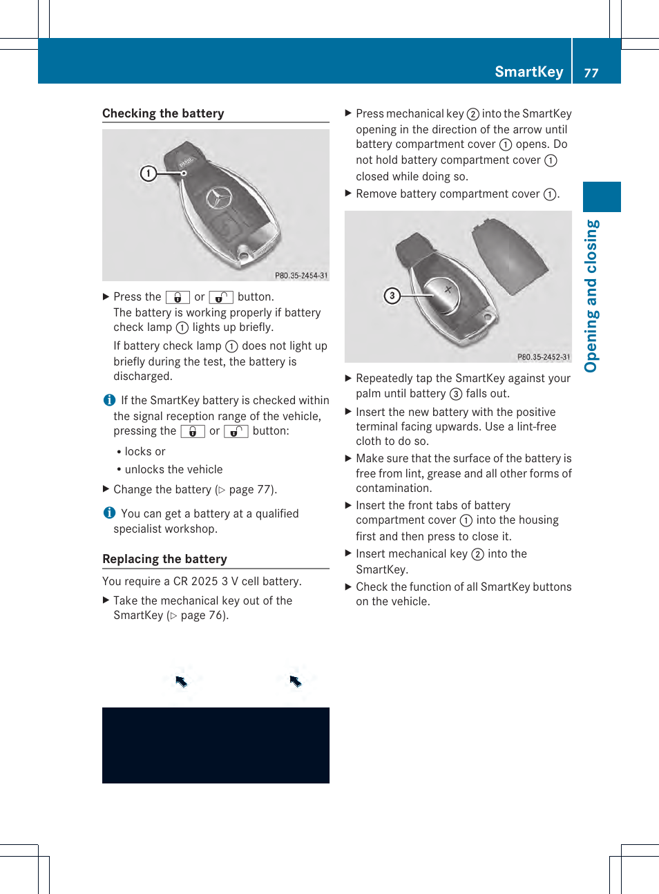 Opening and closing, Smartkey | Mercedes-Benz GLK-Class 2013 Owners Manual User Manual | Page 79 / 378