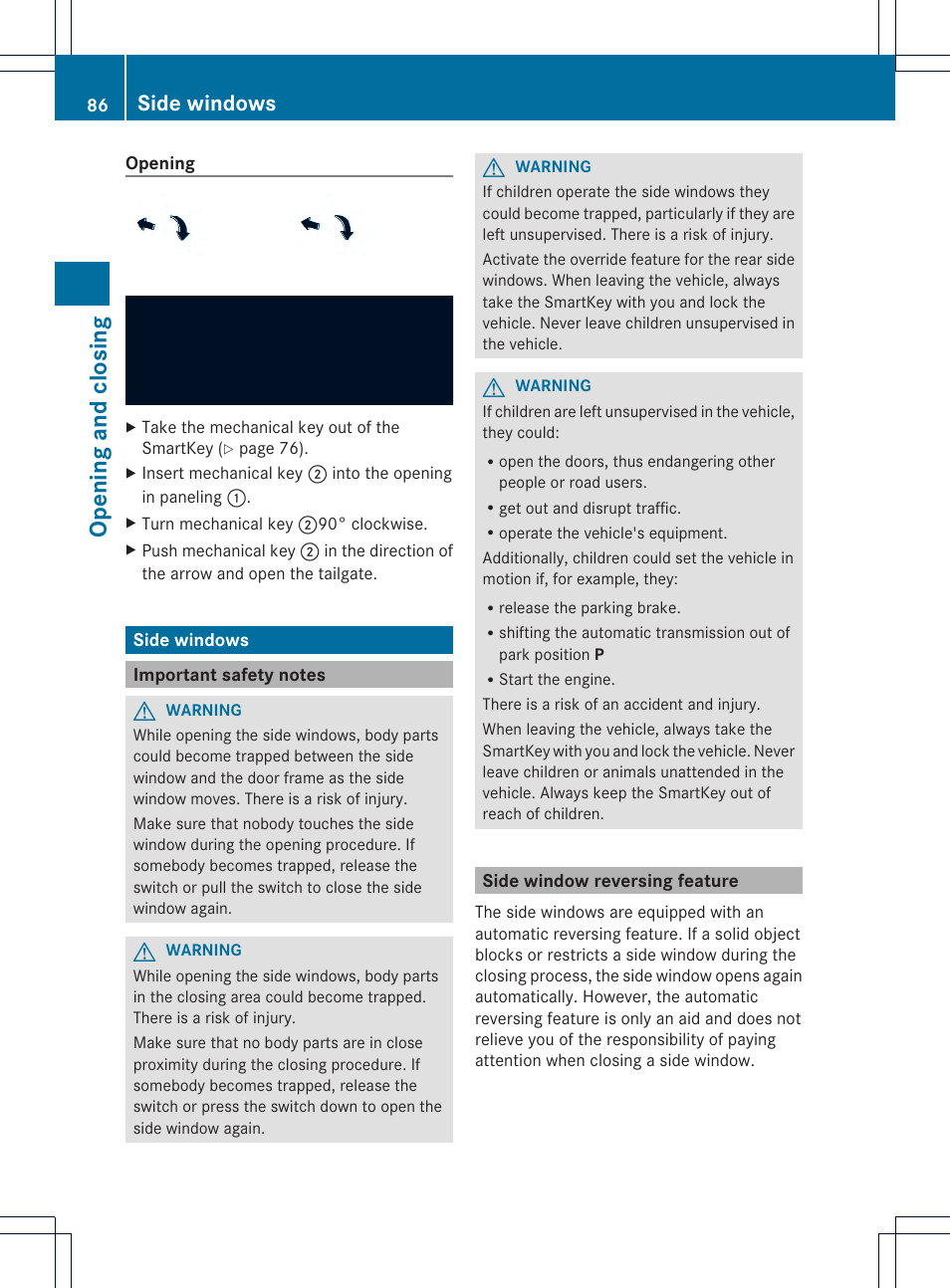 Opening and closi ng, Side windows | Mercedes-Benz GLK-Class 2013 Owners Manual User Manual | Page 88 / 378