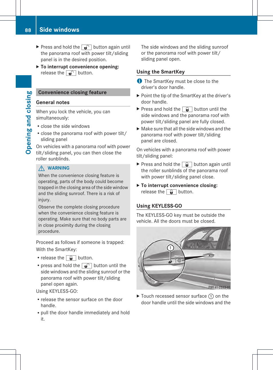 Opening and closing, Side windows | Mercedes-Benz GLK-Class 2013 Owners Manual User Manual | Page 90 / 378