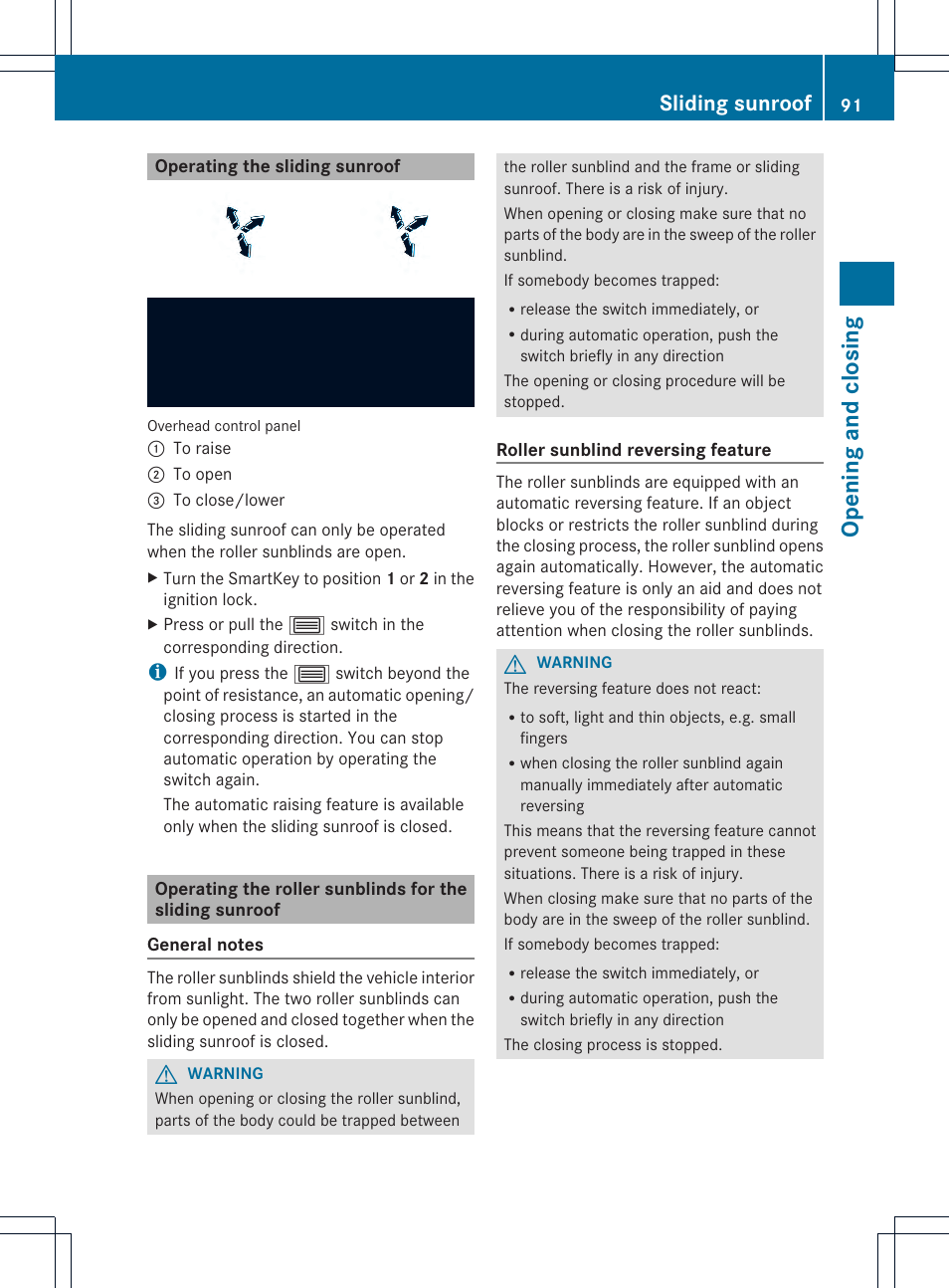 Opening and closing, Sliding sunroof | Mercedes-Benz GLK-Class 2013 Owners Manual User Manual | Page 93 / 378