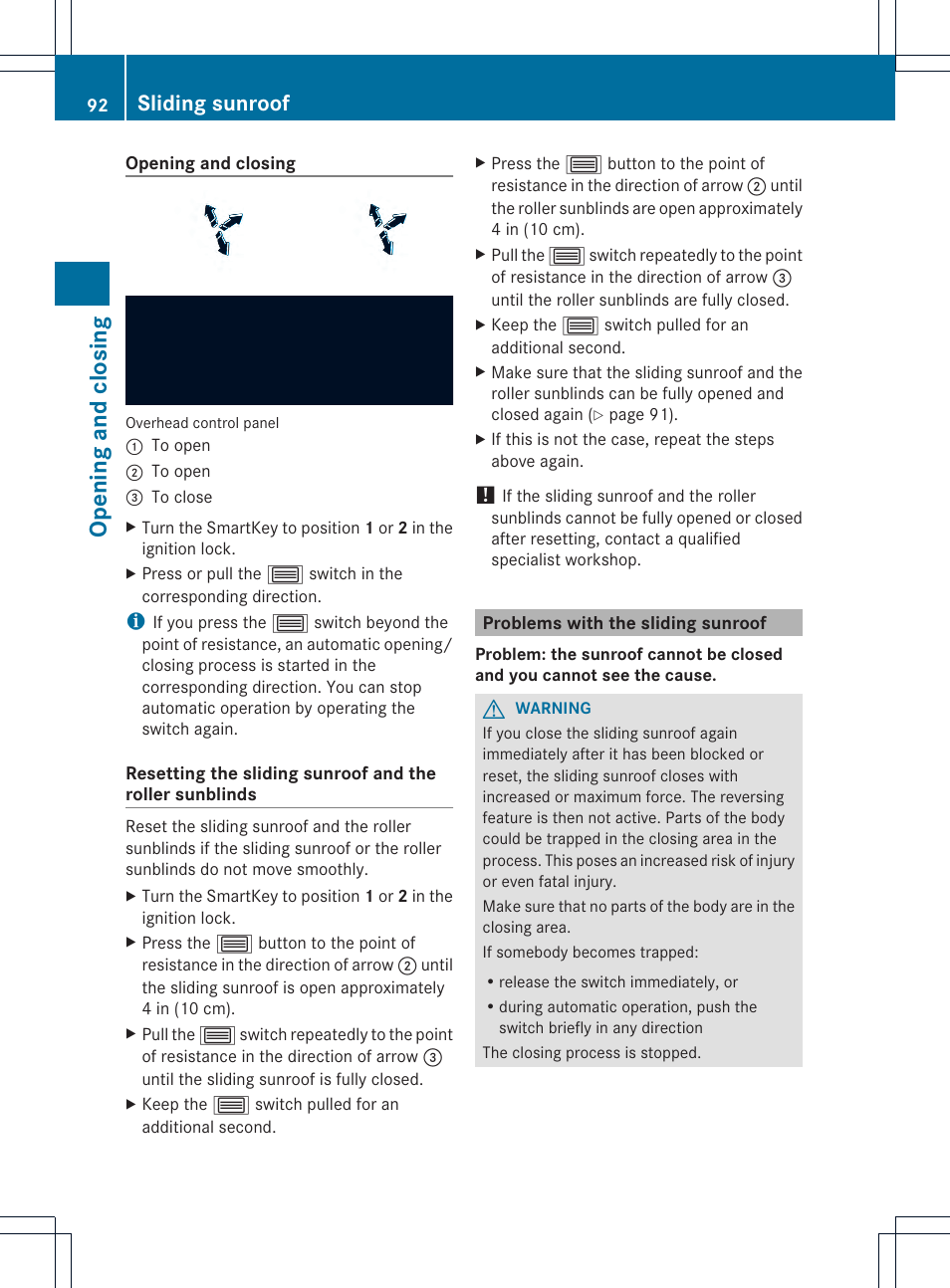 Opening and closing, Sliding sunroof | Mercedes-Benz GLK-Class 2013 Owners Manual User Manual | Page 94 / 378