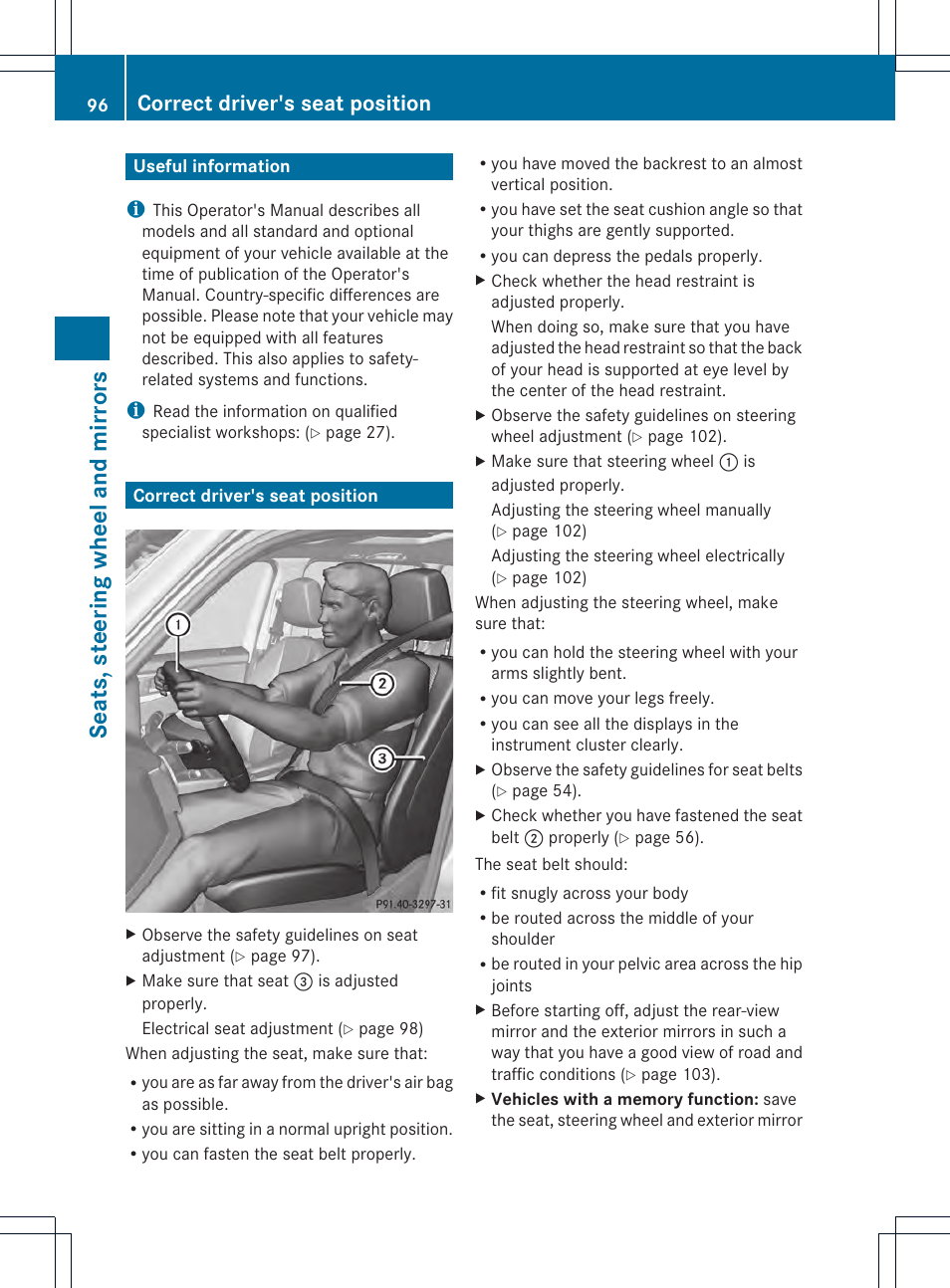 Seat s, steer ing wheel and mir ror s, Correct driver's seat position | Mercedes-Benz GLK-Class 2013 Owners Manual User Manual | Page 98 / 378