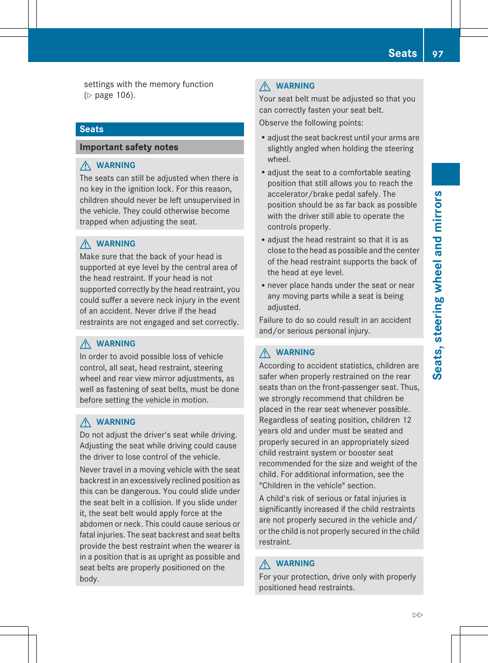 Seats, steering wheel and mirrors, Seats | Mercedes-Benz GLK-Class 2013 Owners Manual User Manual | Page 99 / 378