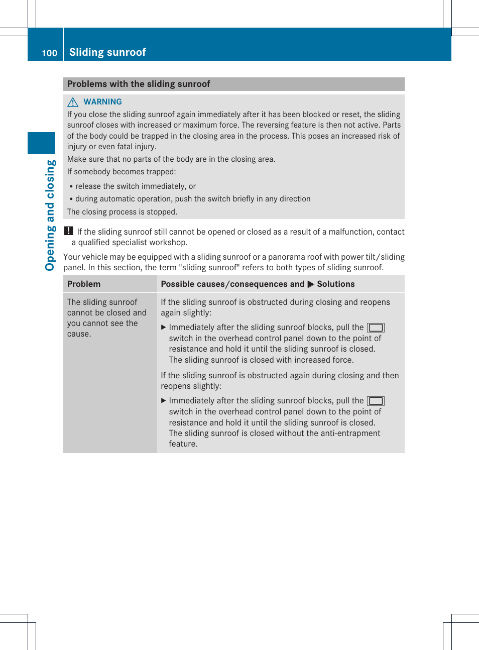 Opening and closing, Sliding sunroof | Mercedes-Benz M-Class 2013 Owners Manual User Manual | Page 102 / 458