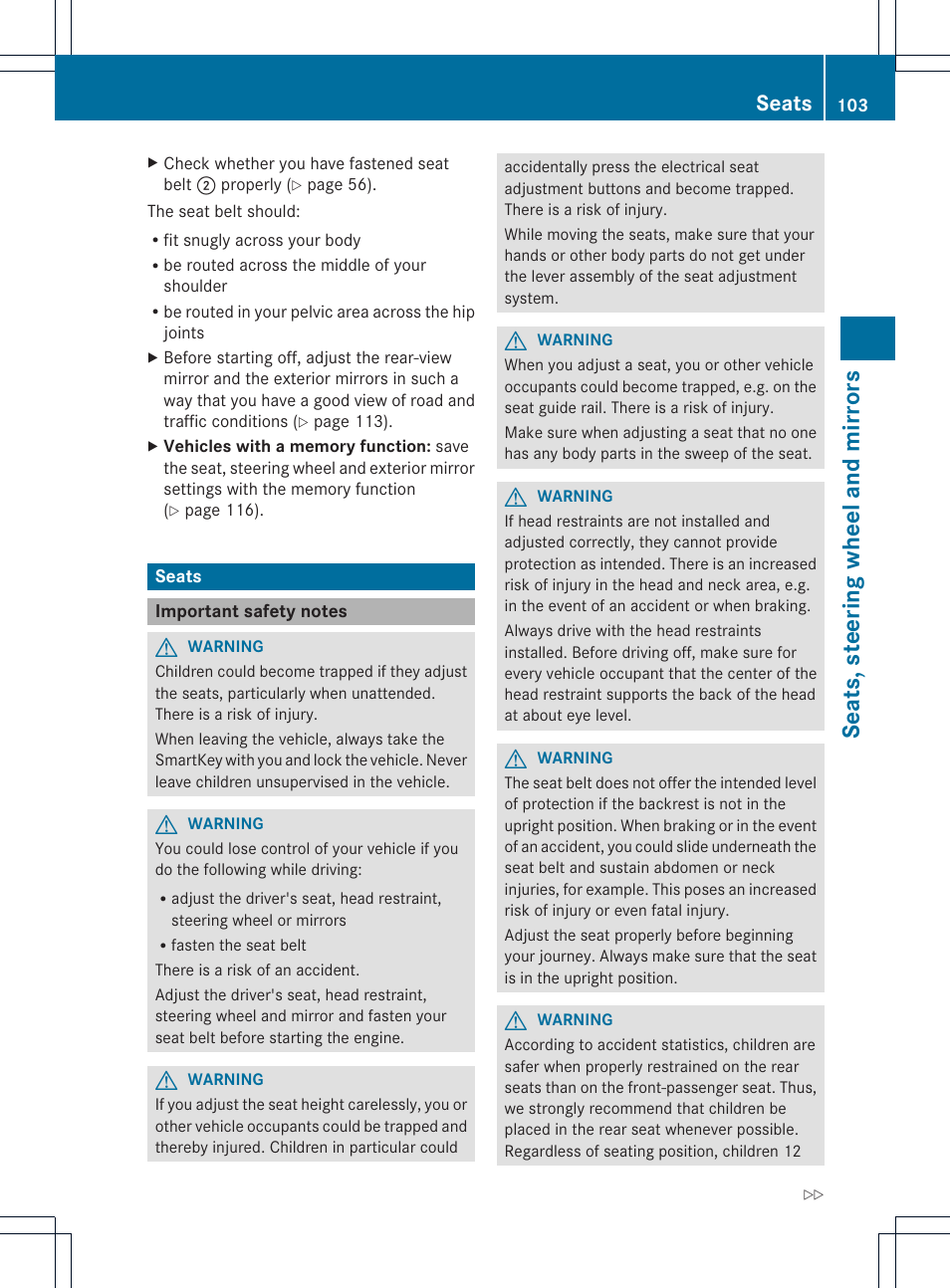 Seats, steering wheel and mirrors, Seats | Mercedes-Benz M-Class 2013 Owners Manual User Manual | Page 105 / 458