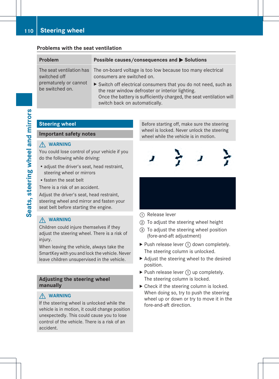 Seats, steering wheel and mirrors, Steering wheel | Mercedes-Benz M-Class 2013 Owners Manual User Manual | Page 112 / 458