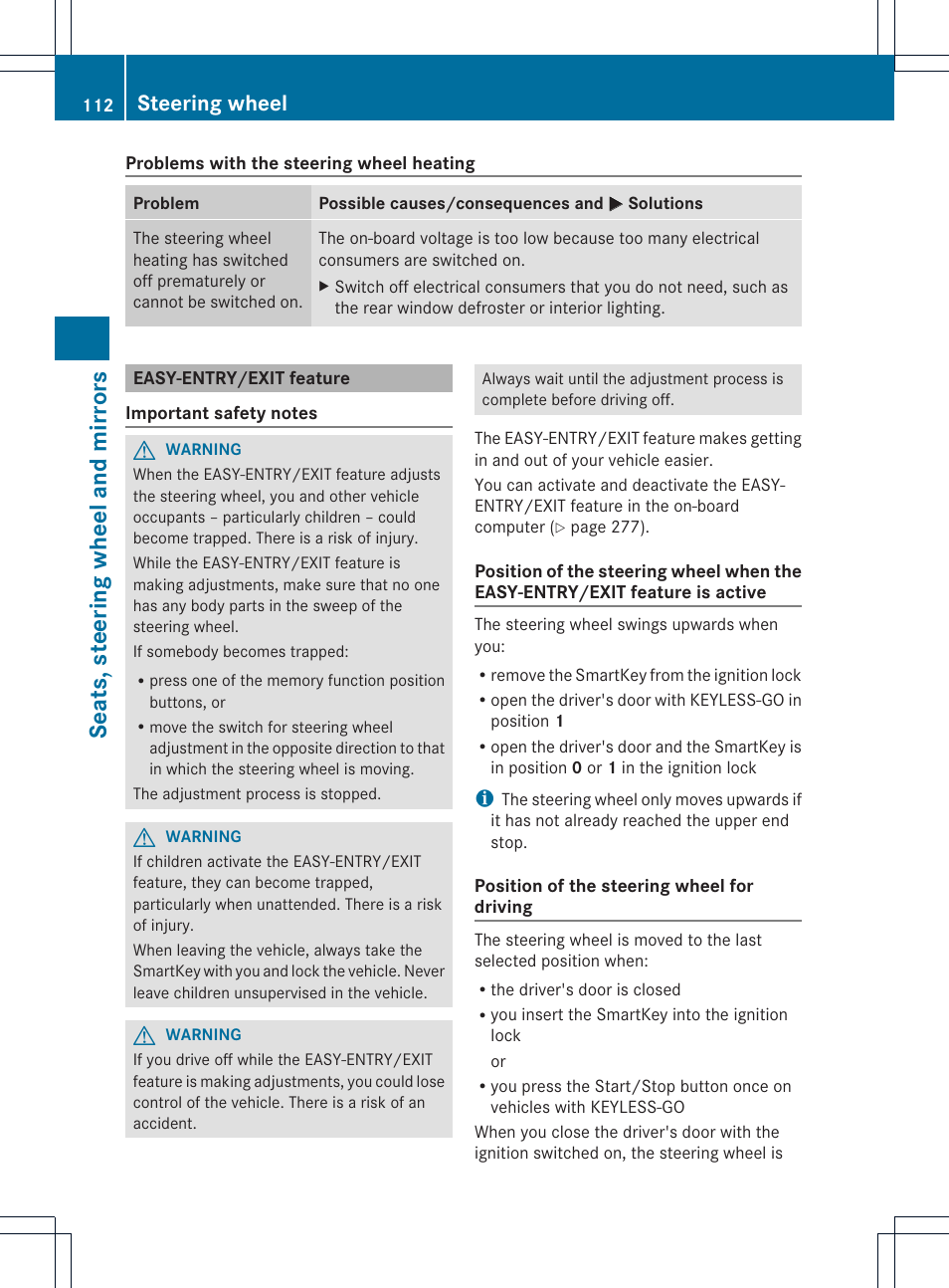 Seats, steering wheel and mirrors, Steering wheel | Mercedes-Benz M-Class 2013 Owners Manual User Manual | Page 114 / 458