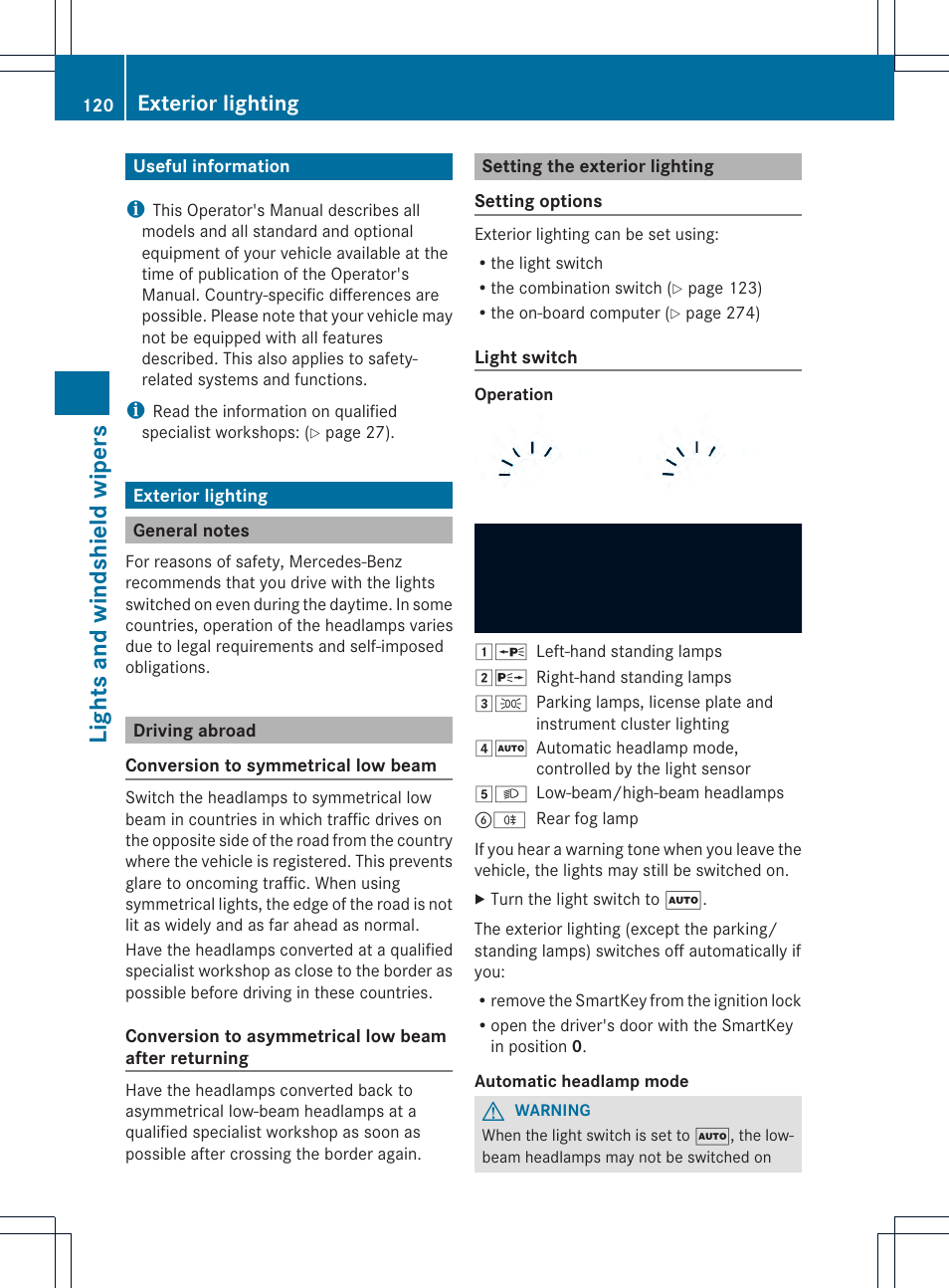 Lights and windshield wipers, Exterior lighting | Mercedes-Benz M-Class 2013 Owners Manual User Manual | Page 122 / 458