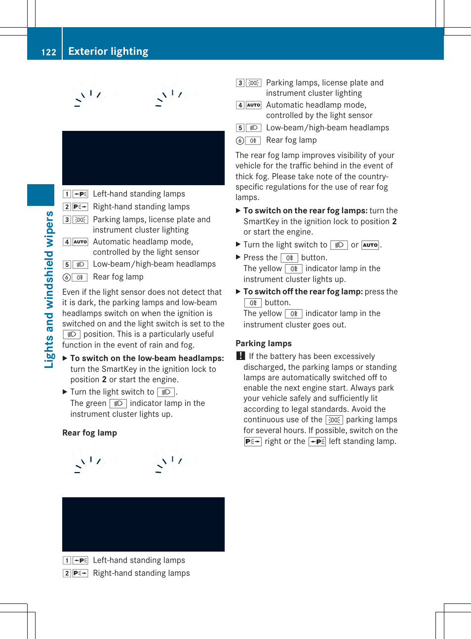 Lights and windshiel dw iper s, Exterior lighting | Mercedes-Benz M-Class 2013 Owners Manual User Manual | Page 124 / 458