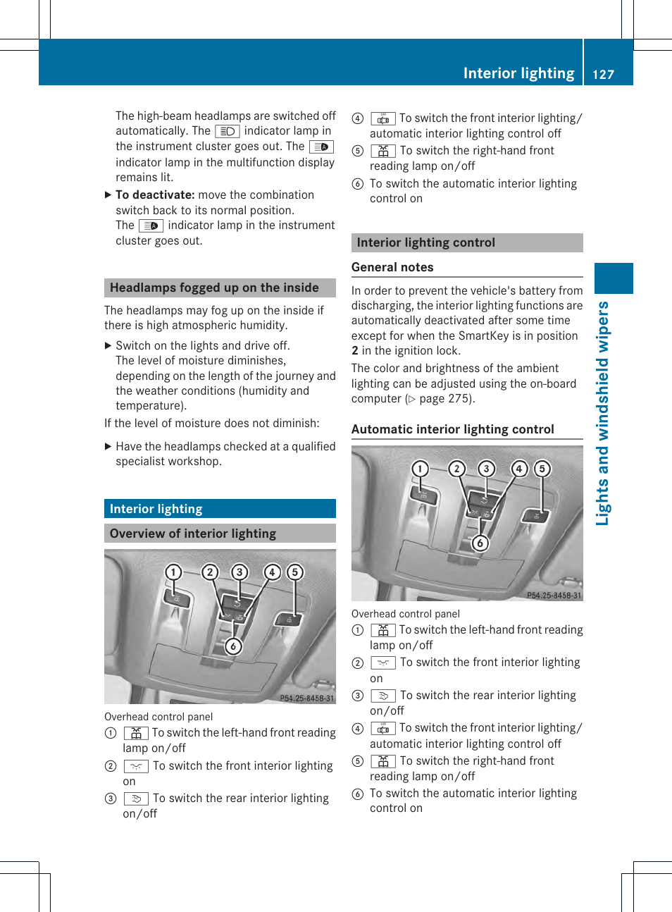Lights and windshie ld wipers, Interior lighting | Mercedes-Benz M-Class 2013 Owners Manual User Manual | Page 129 / 458
