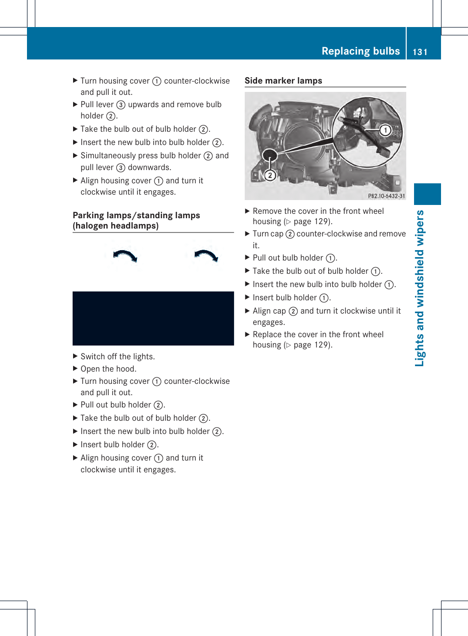 Lights and windshield wipers, Replacing bulbs | Mercedes-Benz M-Class 2013 Owners Manual User Manual | Page 133 / 458