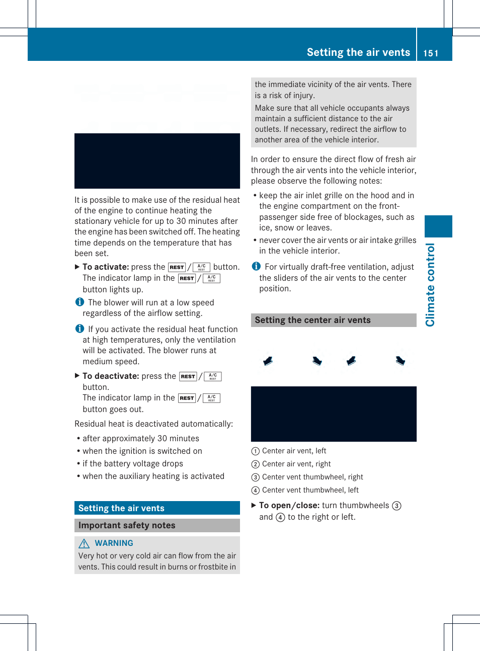 Climate control, Setting the air vents | Mercedes-Benz M-Class 2013 Owners Manual User Manual | Page 153 / 458