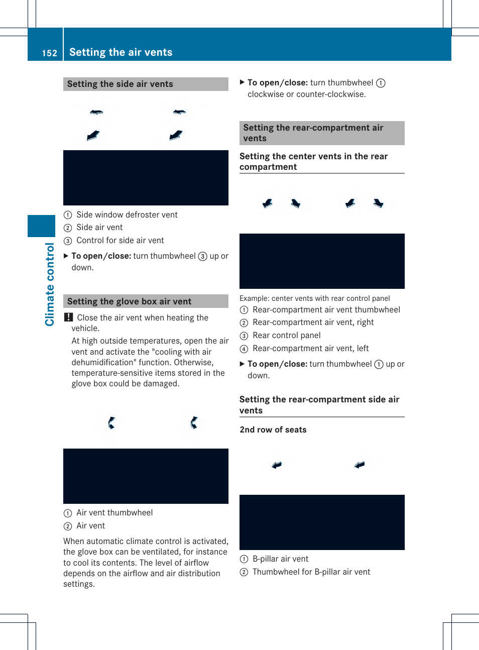 Climate control, Setting the air vents | Mercedes-Benz M-Class 2013 Owners Manual User Manual | Page 154 / 458