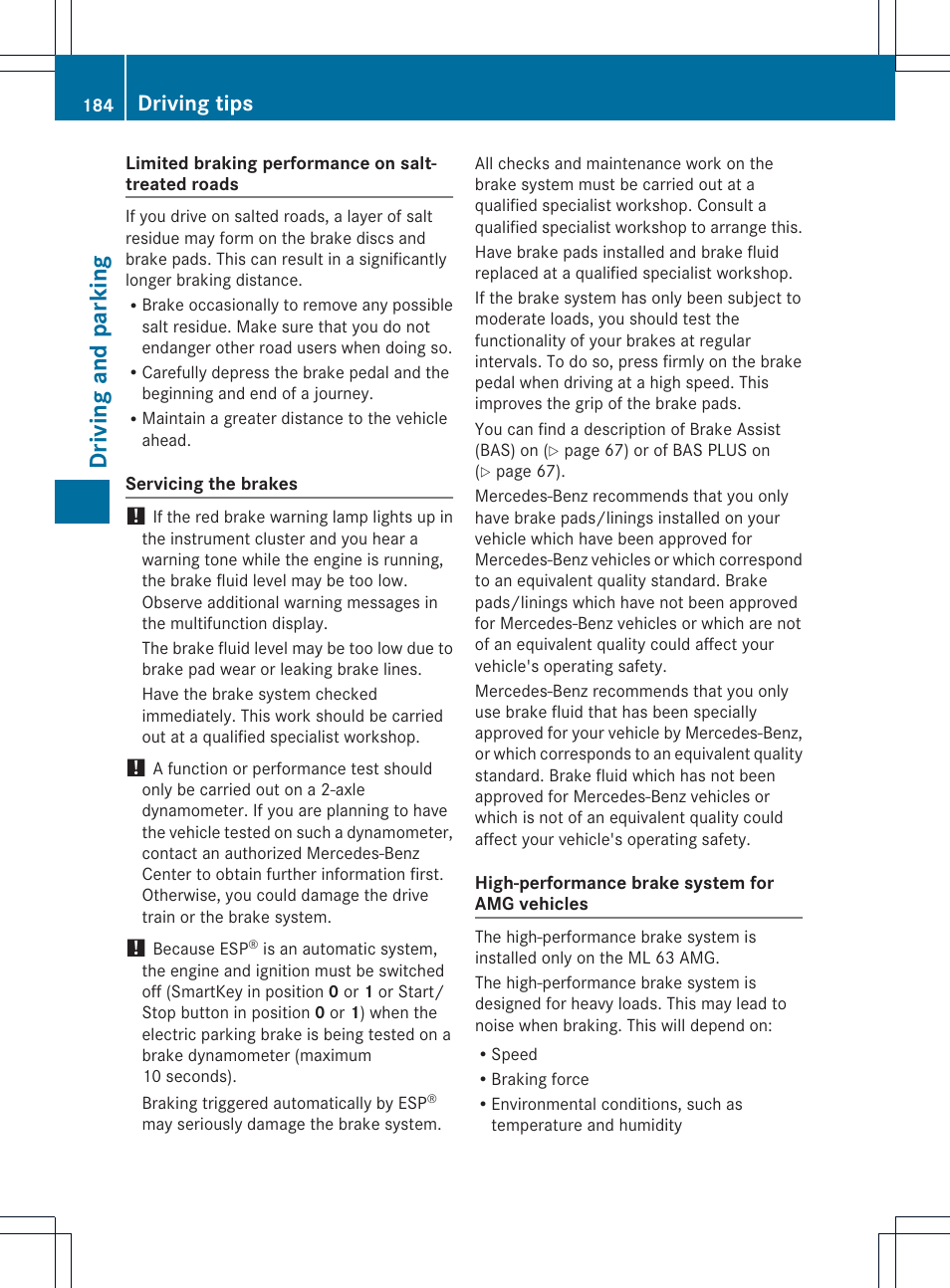 Driving and parking, Driving tips | Mercedes-Benz M-Class 2013 Owners Manual User Manual | Page 186 / 458