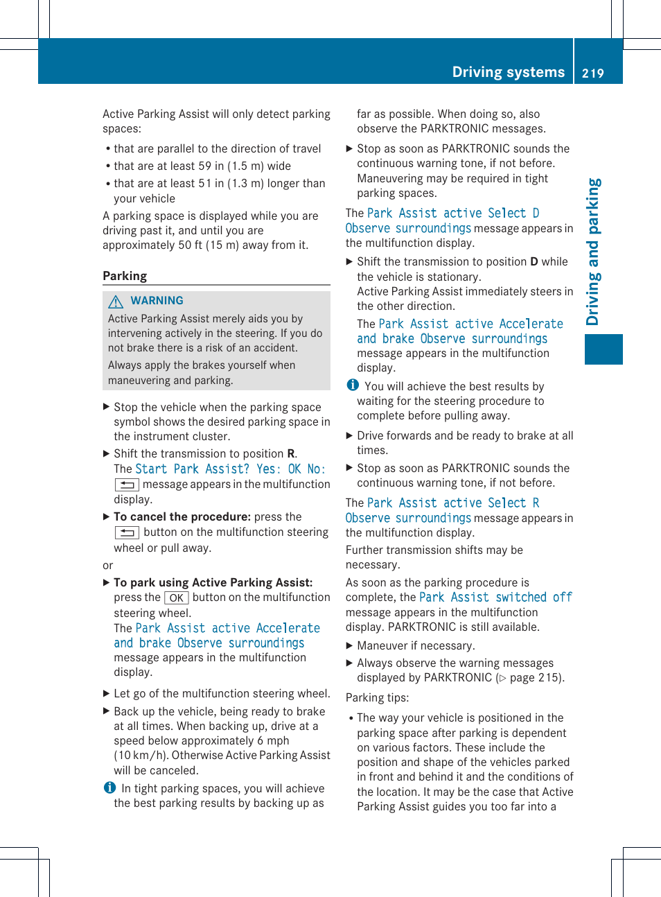 Dri vin g and parking, Driving systems | Mercedes-Benz M-Class 2013 Owners Manual User Manual | Page 221 / 458