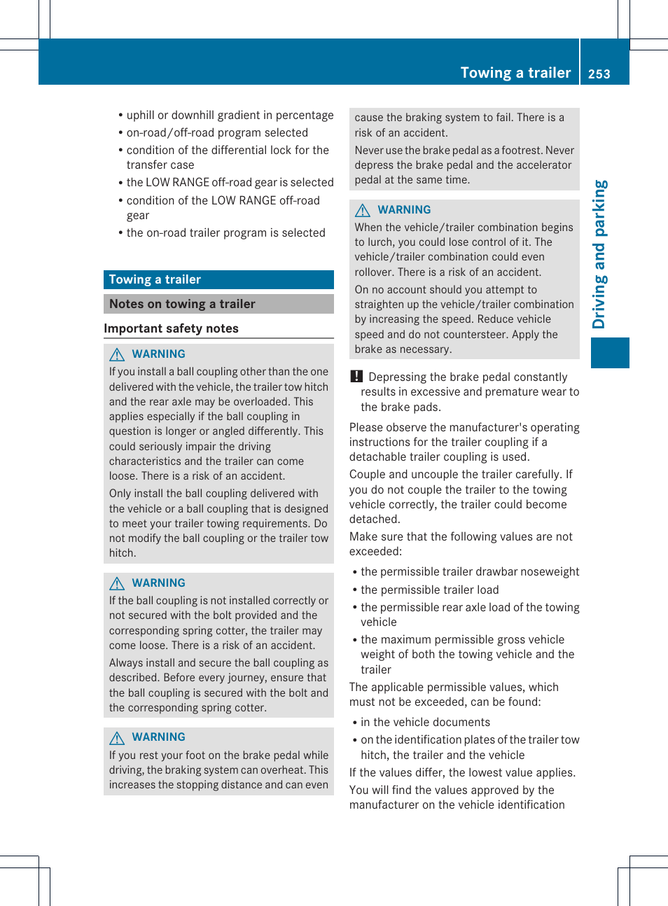 Dr ivi ng an d parki ng, Towing a trailer | Mercedes-Benz M-Class 2013 Owners Manual User Manual | Page 255 / 458