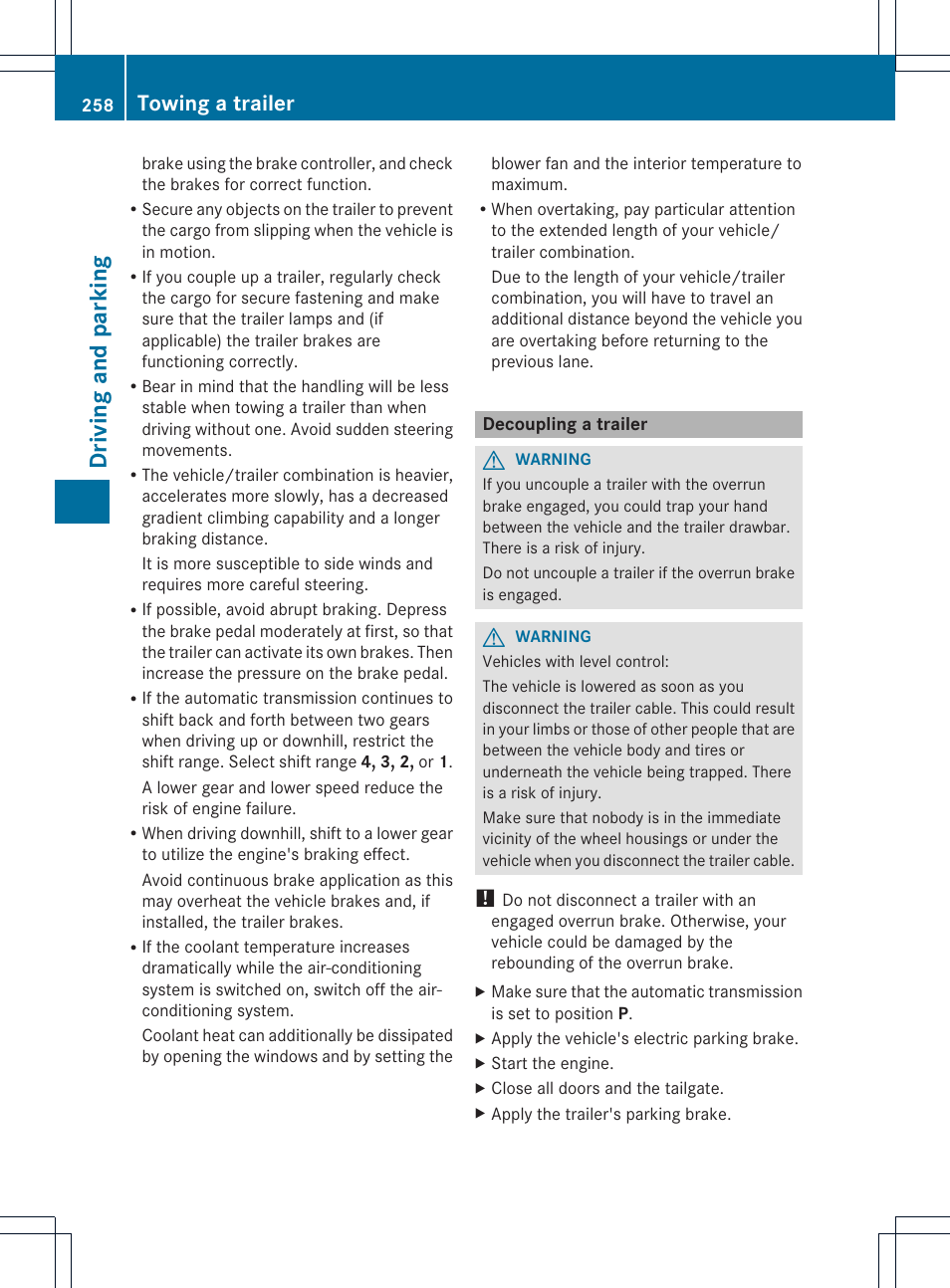 Dr ivi ng an d parki ng, Towing a trailer | Mercedes-Benz M-Class 2013 Owners Manual User Manual | Page 260 / 458