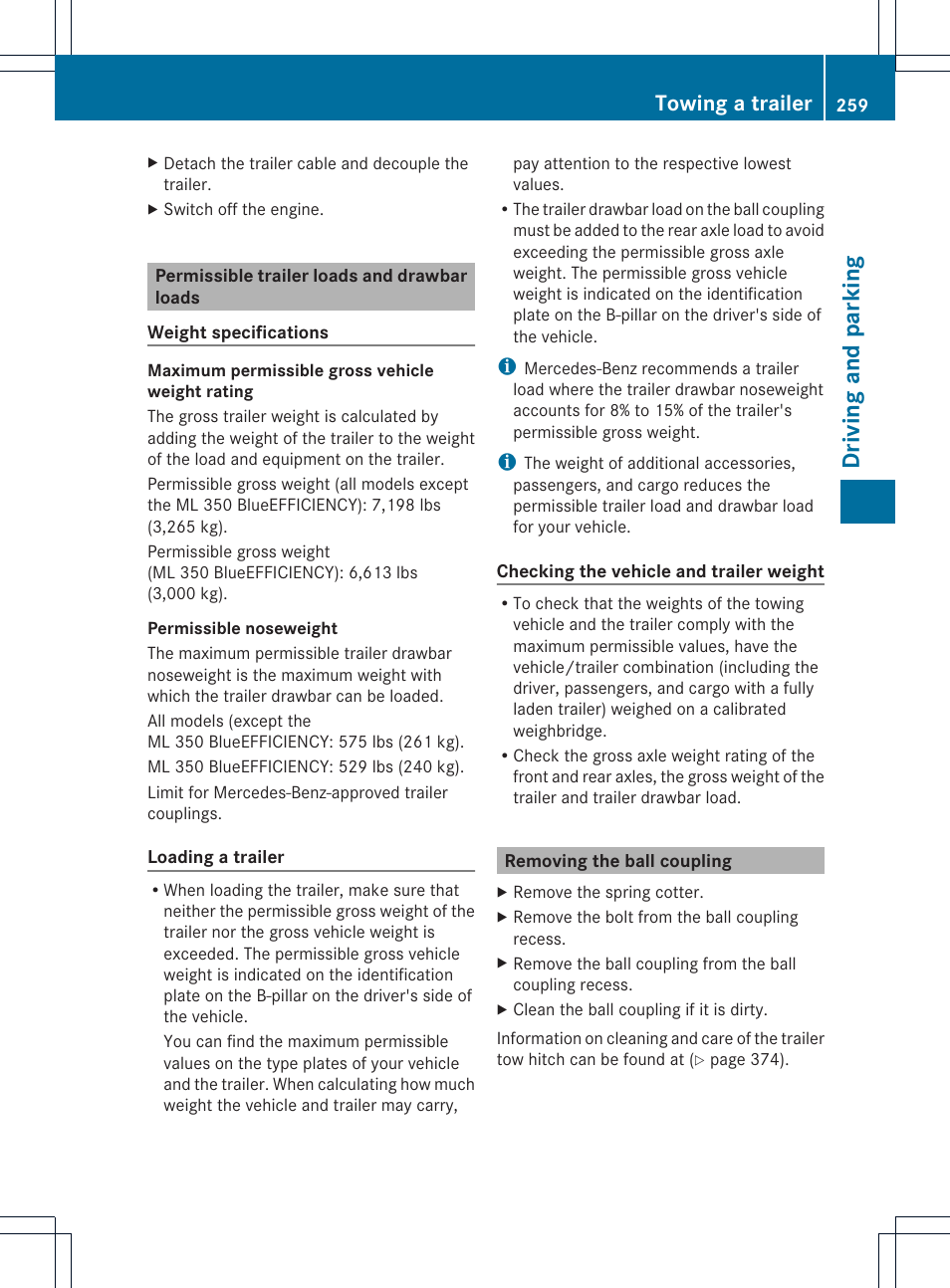 Dr ivi ng an d parki ng, Towing a trailer | Mercedes-Benz M-Class 2013 Owners Manual User Manual | Page 261 / 458