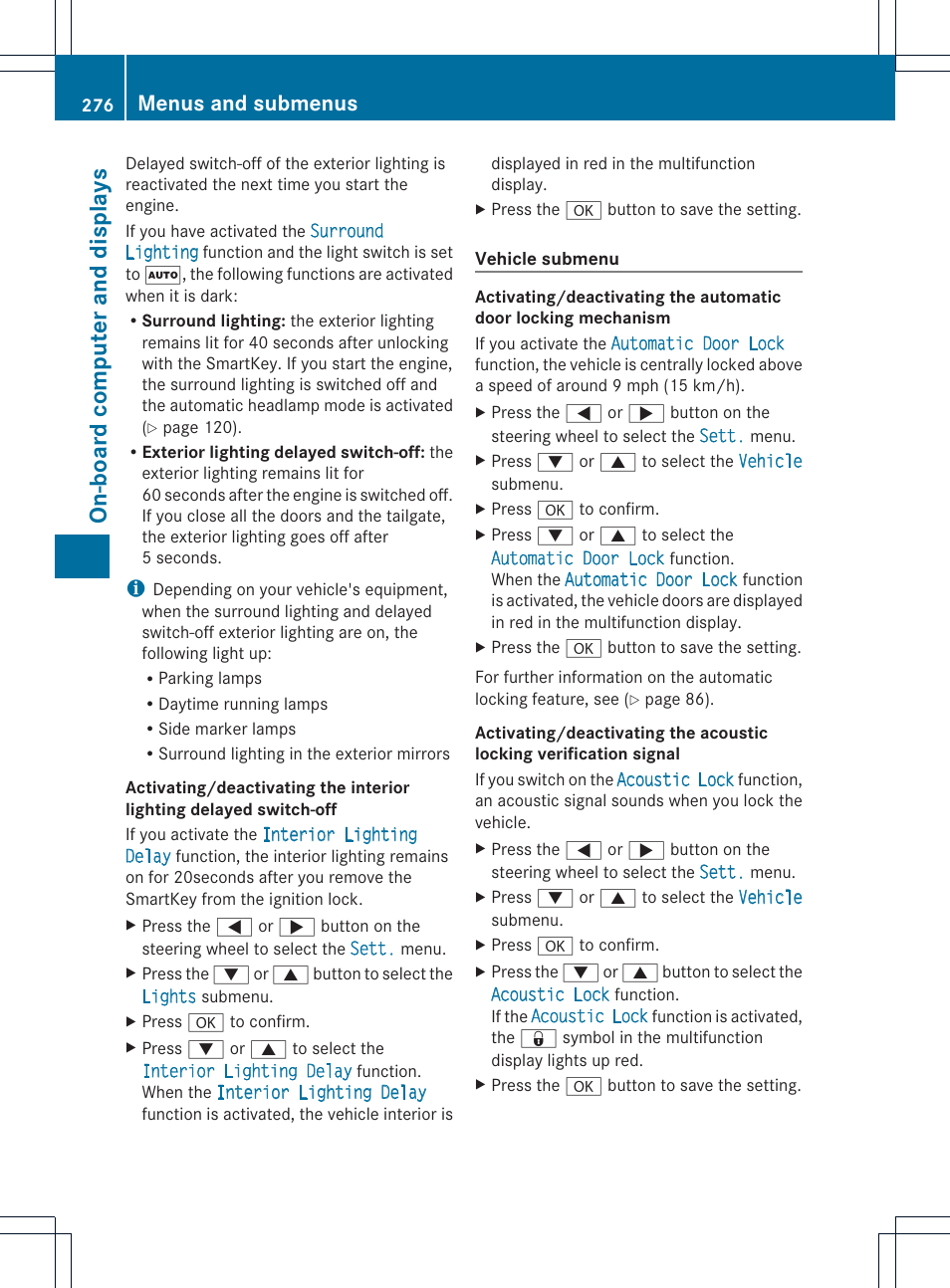 On-boar d compu ter and displa ys, Menus and submenus | Mercedes-Benz M-Class 2013 Owners Manual User Manual | Page 278 / 458