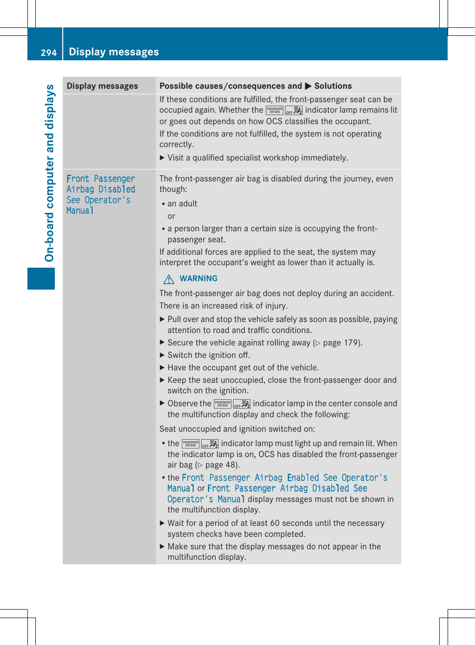 On-board computer and displays, Display messages | Mercedes-Benz M-Class 2013 Owners Manual User Manual | Page 296 / 458