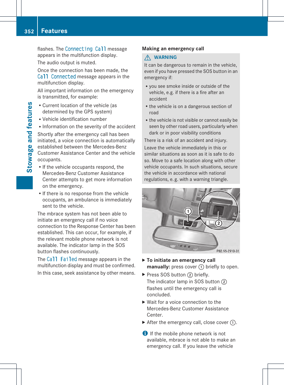 Stowage and features, Features | Mercedes-Benz M-Class 2013 Owners Manual User Manual | Page 354 / 458