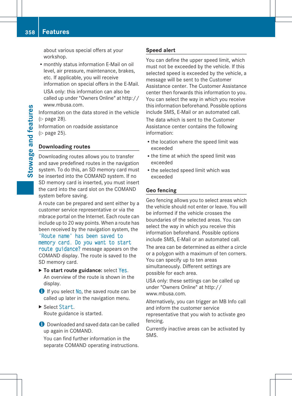 Stowage and features, Features | Mercedes-Benz M-Class 2013 Owners Manual User Manual | Page 360 / 458