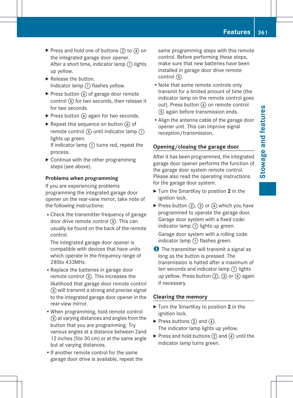 Stowage and features, Features | Mercedes-Benz M-Class 2013 Owners Manual User Manual | Page 363 / 458